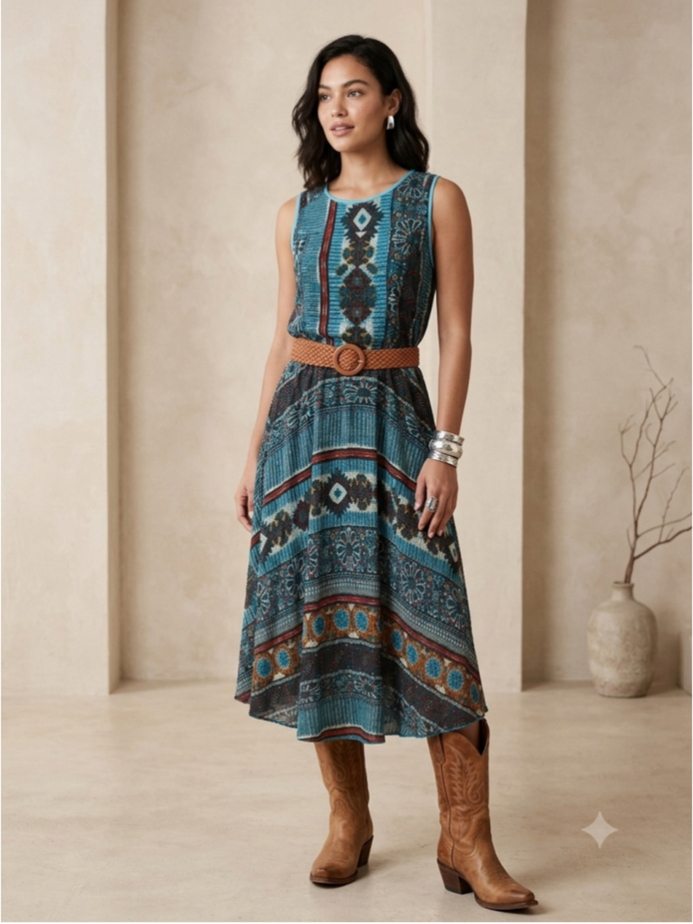 Chris McLaughlin Womens Size 8 Boho Southwestern Midi Dress Sleeveless Teal Belt